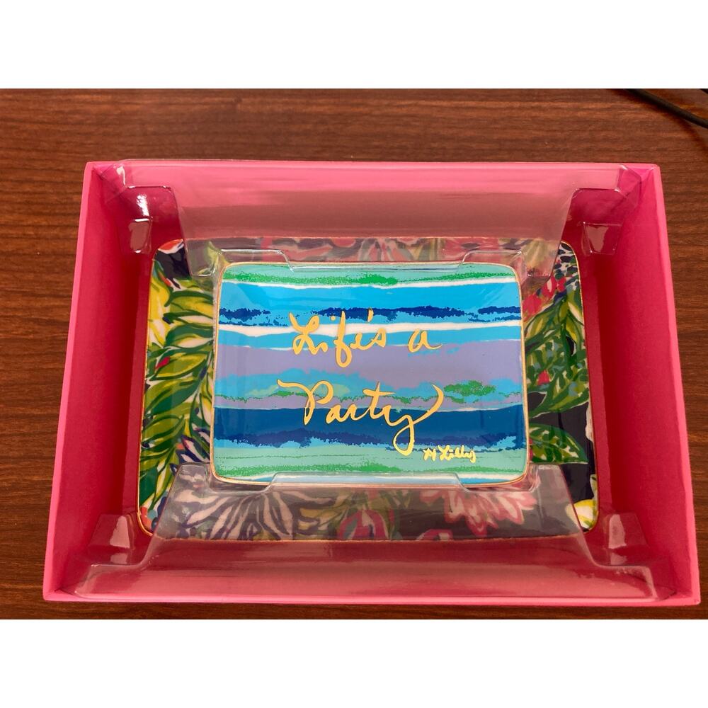 NWT Lilly Pulitzer "Life's a Party" Trinket Tray Set in Traveler's Palm Rare HTF - Picture 3 of 4